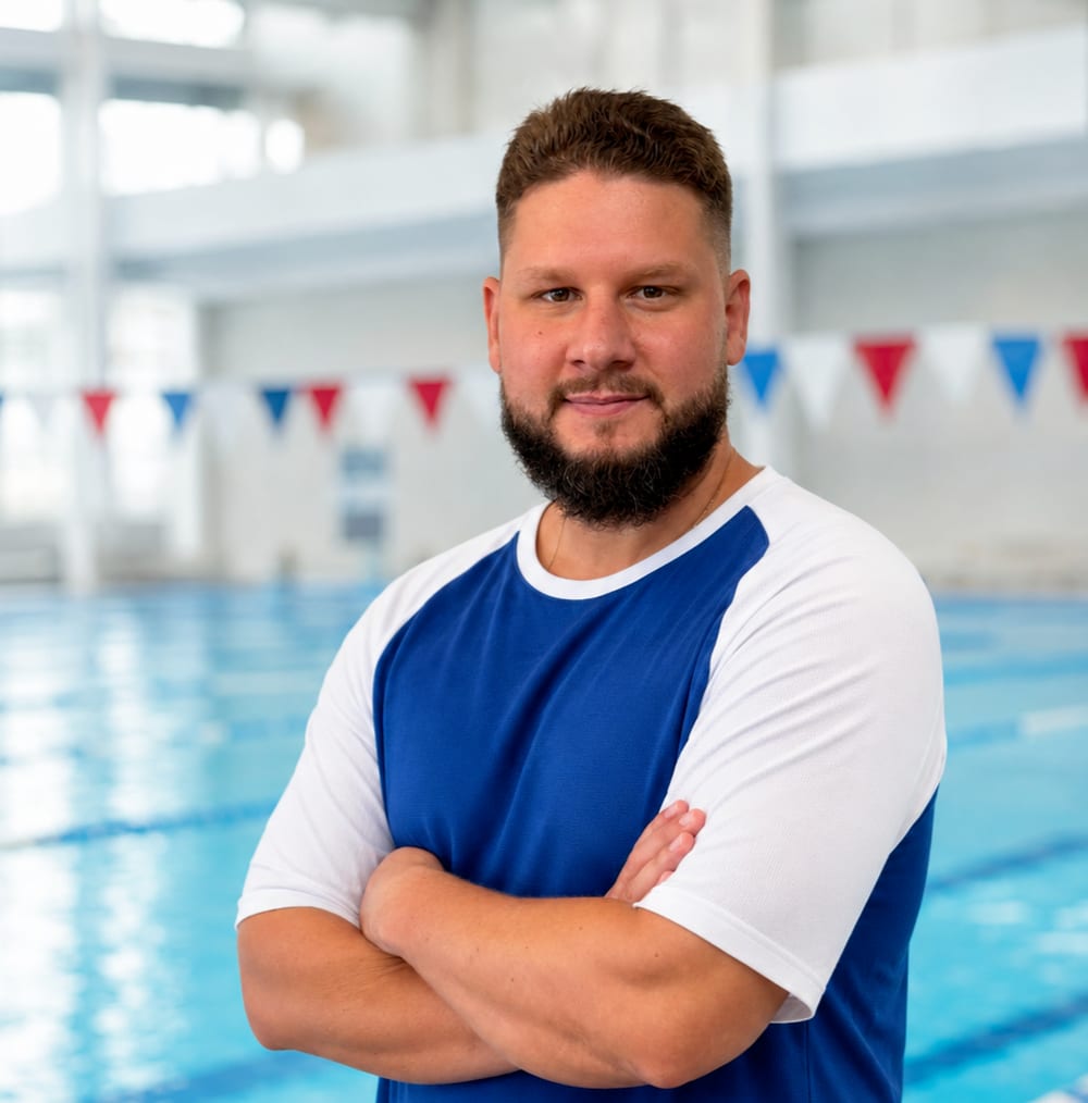 Ярослав Сергеевич Овченков — тренер и основатель школы плавания PRIME SWIM, на фоне бассейна